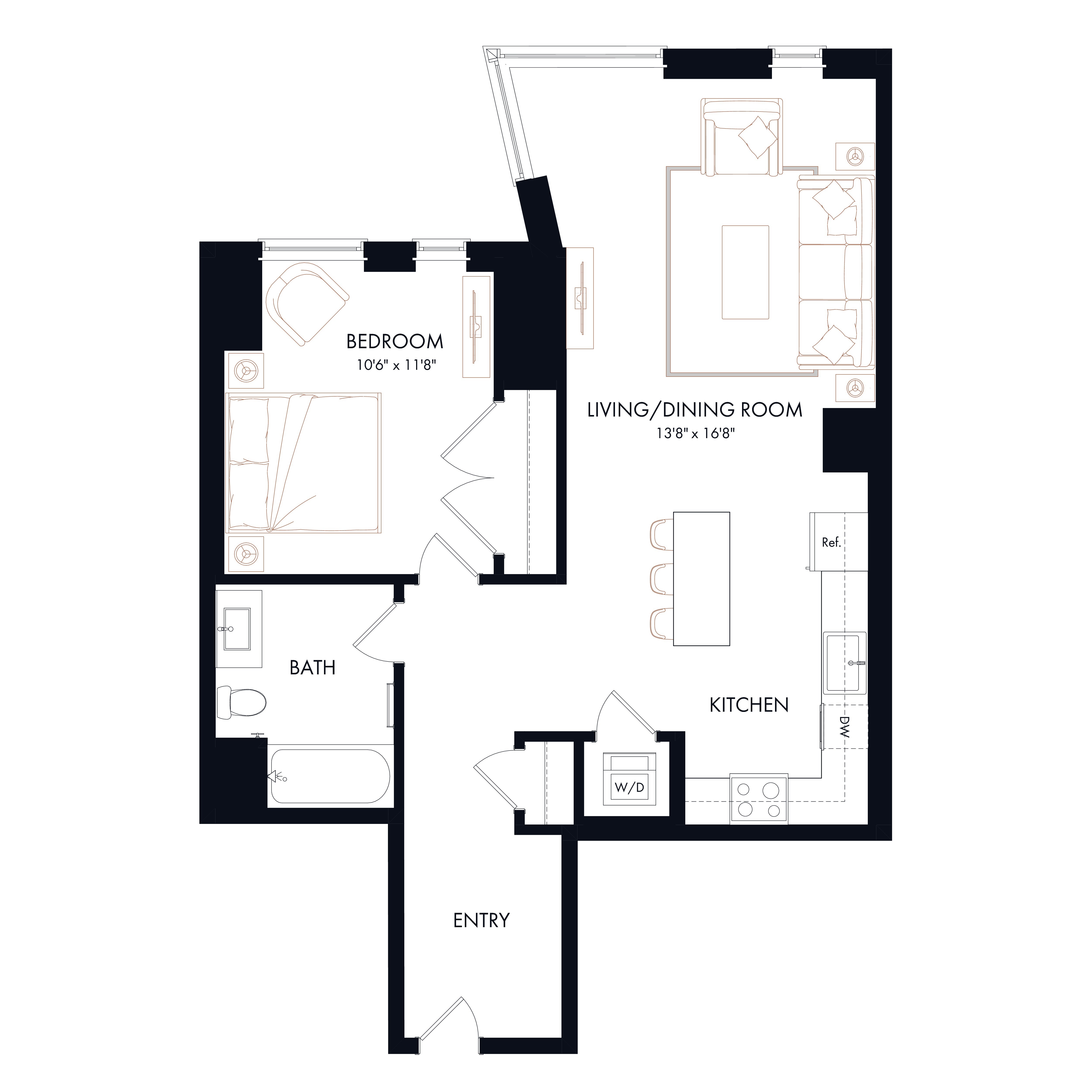 Floor plan layout diagram for A6 | 1 Bed | 1 Bath